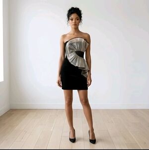 Betsy & Adam Strapless Black Cocktail Dress Size 6 Sequin Organza Ruffle Prom